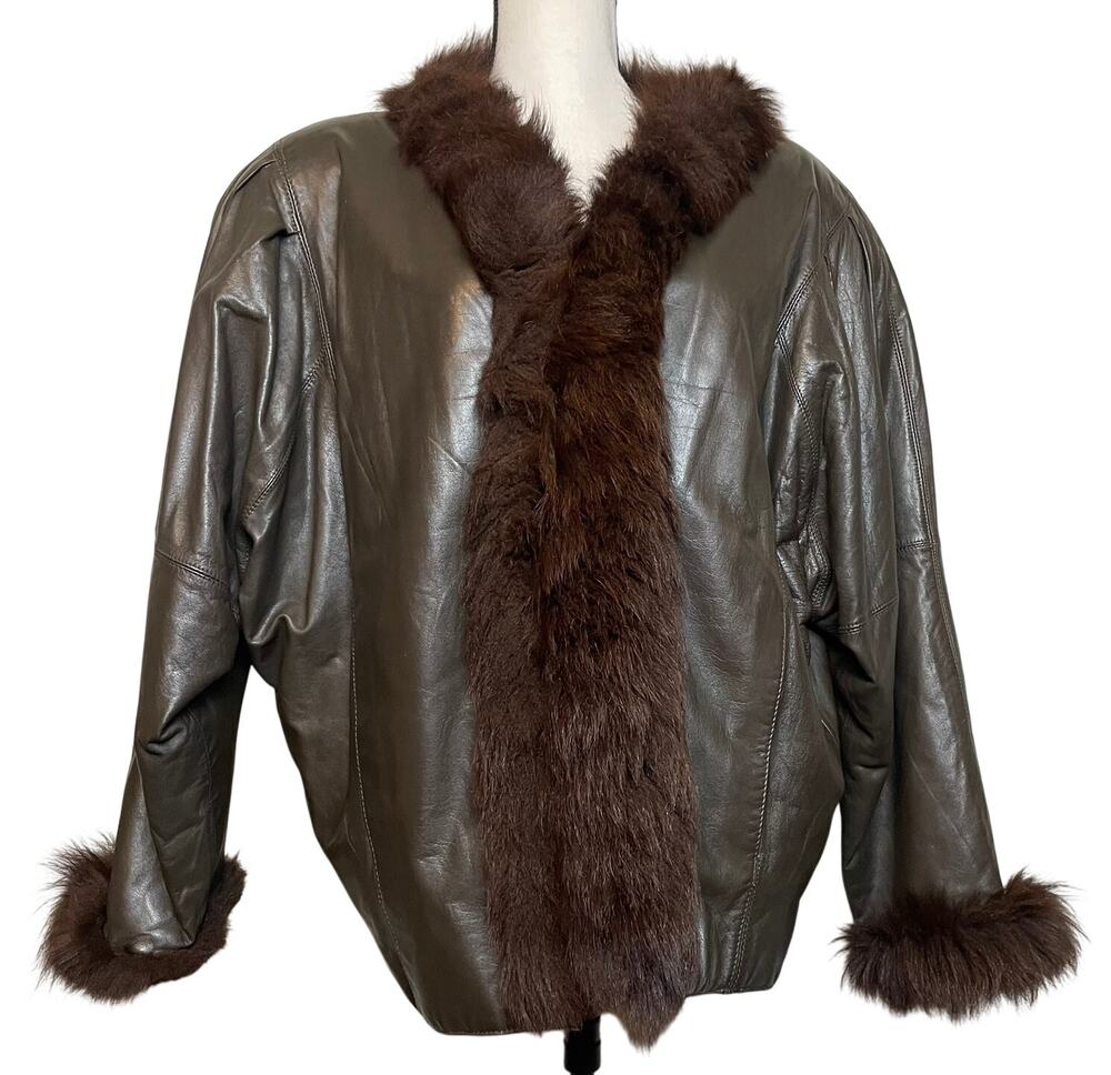Vintage Niki Fox Fur Trim Genuine Leather Jacket Brown Made in Korea Sz XL